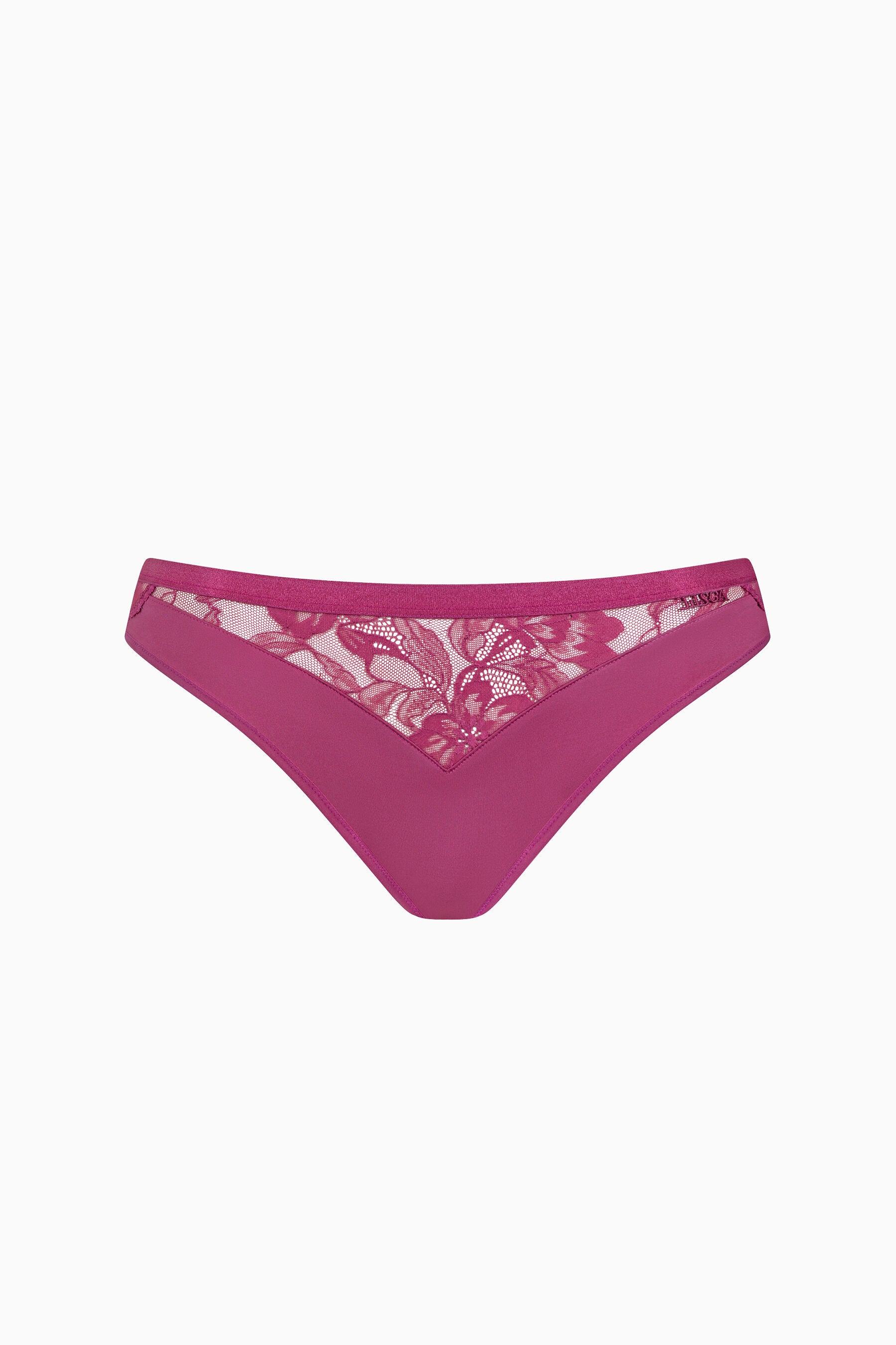 Kalhotky Lisca Robin 022360 – magenta krajkové dámské kalhotky s poloprůhledným květinovým panelem vpředu a jednolitou látkou po stranách a dole, vyrobené z recyklovaných vláken jako udržitelné prádlo, prezentované na bílém pozadí.