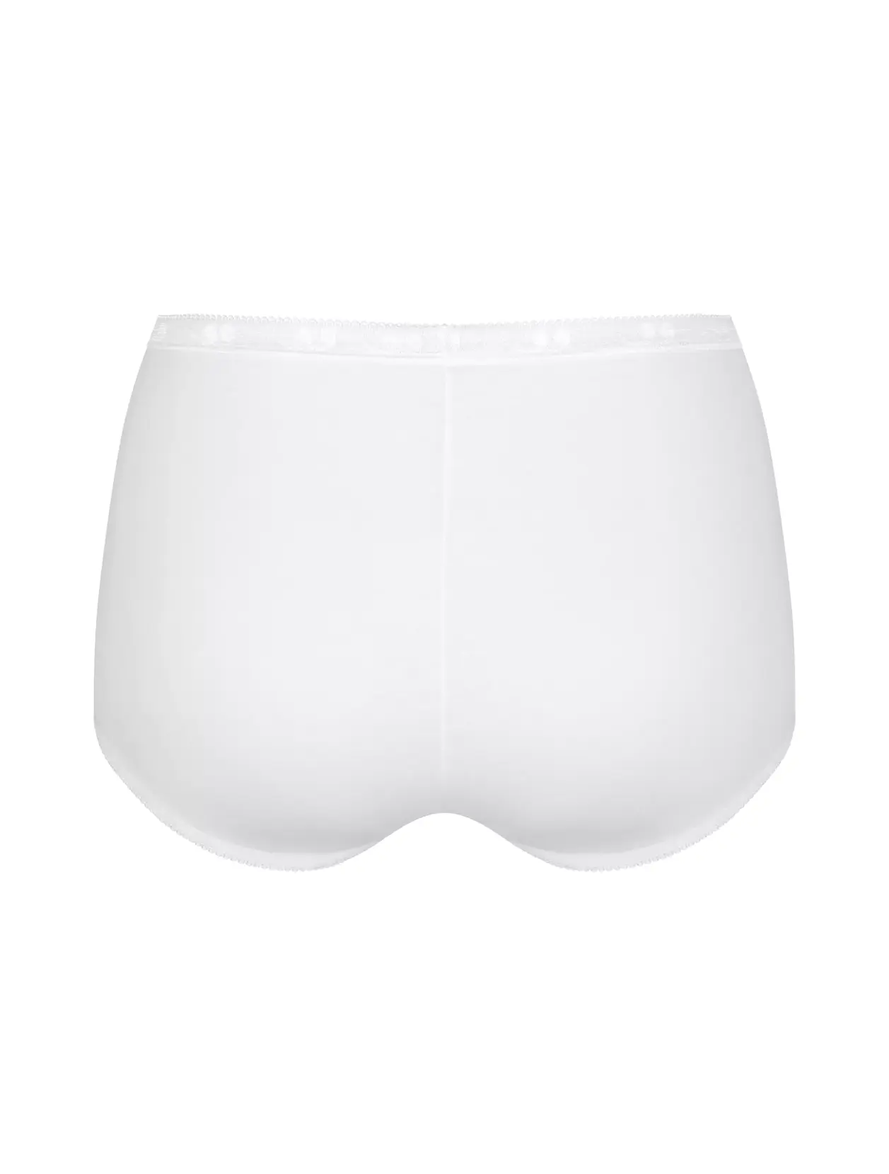 Sloggi Basic+ 10007656 – balení tří bílých bavlněných dámských kalhotek s vysokým pasem a plochými švy, klasický střih pro každodenní pohodlí, zobrazené na bílém pozadí.